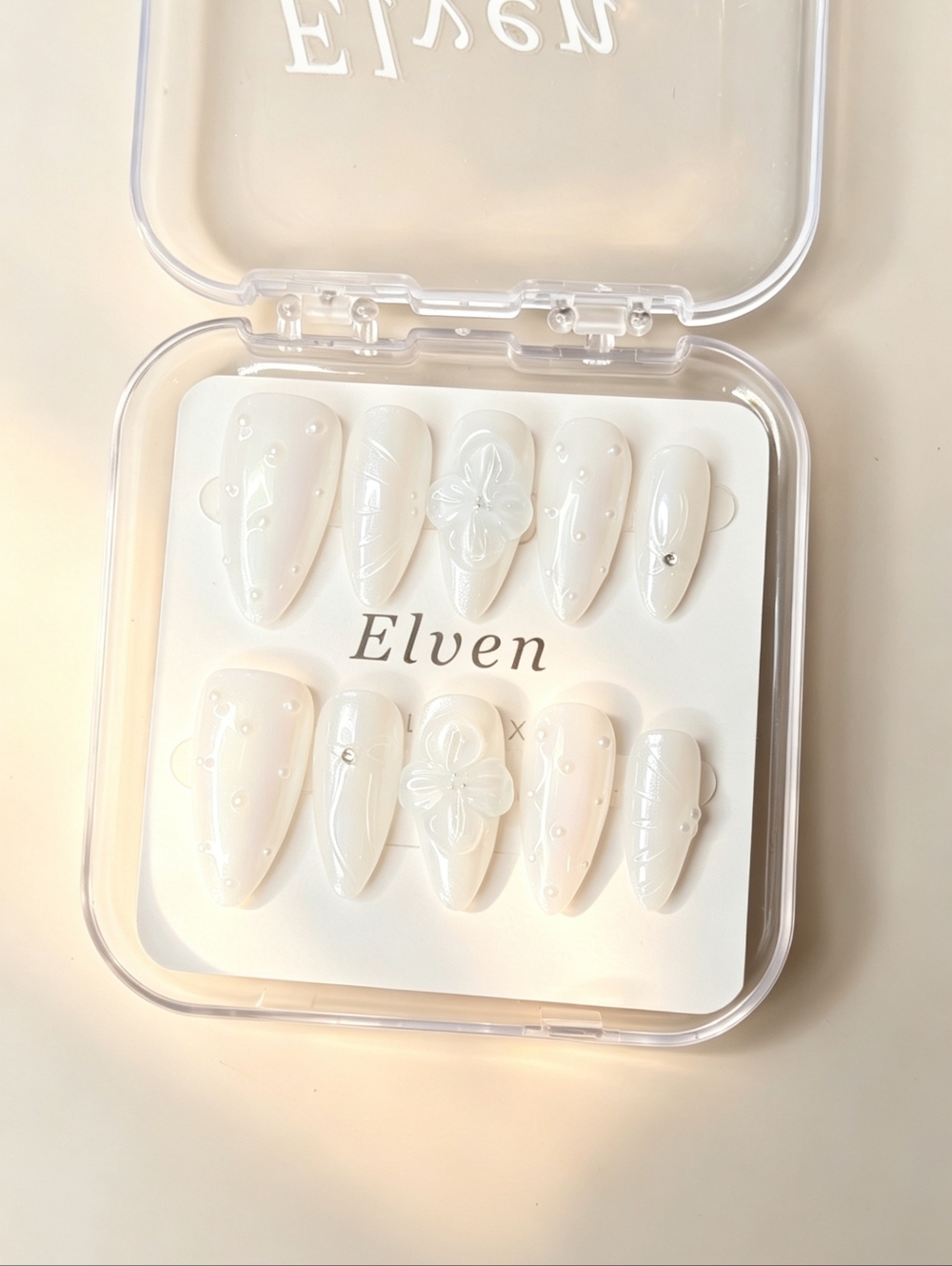 White Aurora Powder Handmade Press On Nails with Floral And Pearls Medium Almond